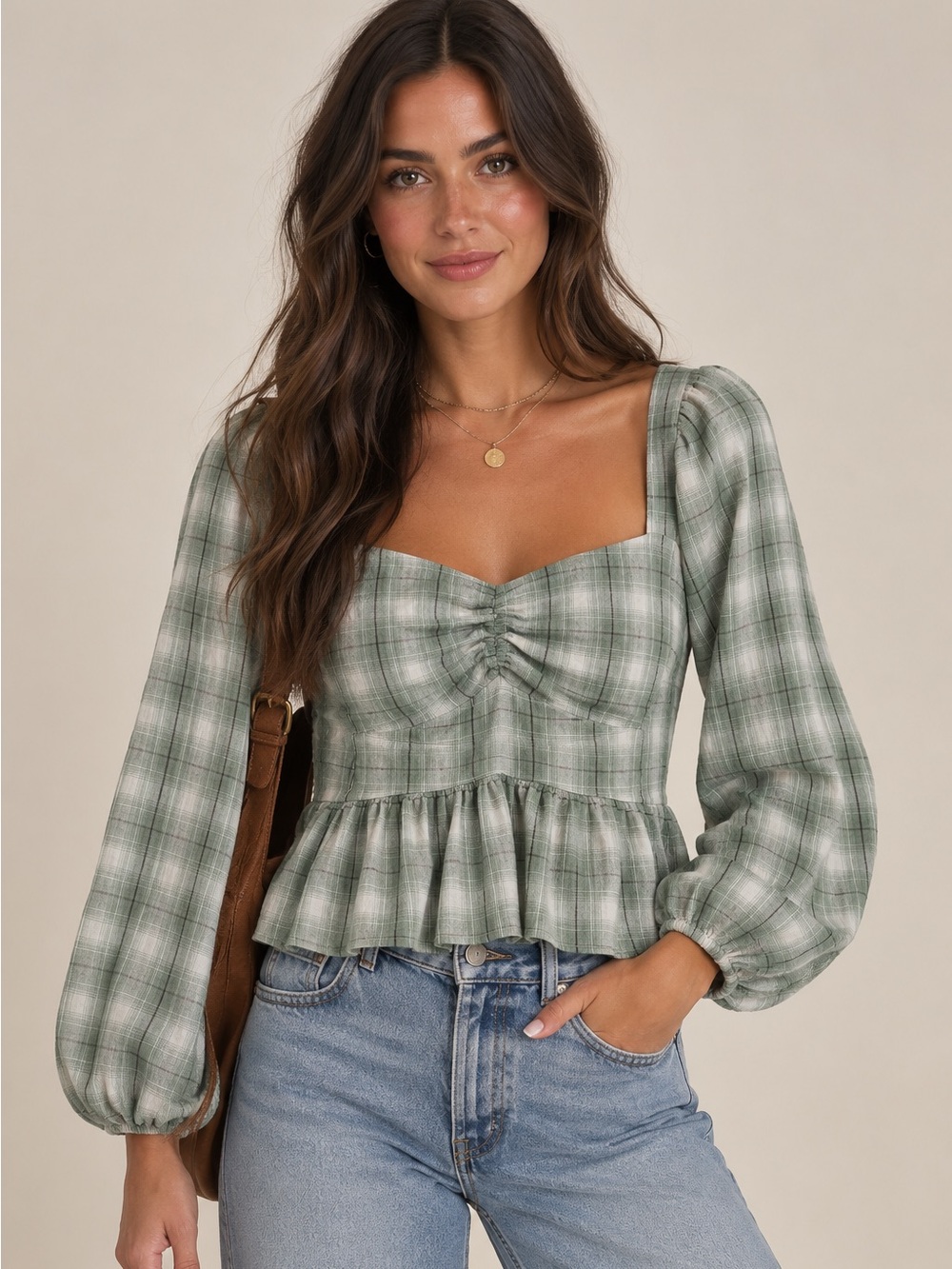 PLEIONE • anthropology green flannel puff long sleeve peplum top